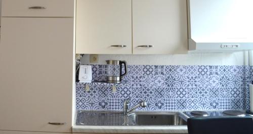 een keuken met een wastafel en blauwe en witte tegels bij 4N Appartement in Eupen