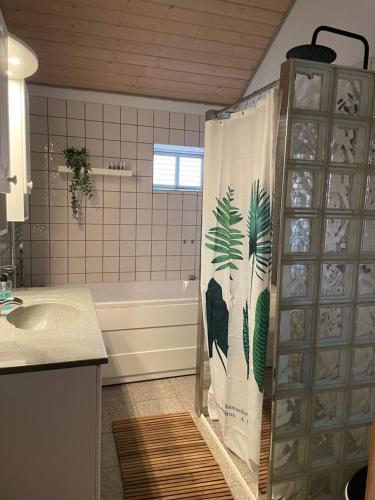 a bathroom with a shower curtain and a tub at Dejlig lejlighed in Svinninge
