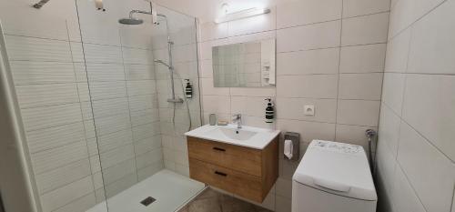 a bathroom with a toilet and a sink and a shower at Appartement CITY CENTER-SALLANCHES in Sallanches