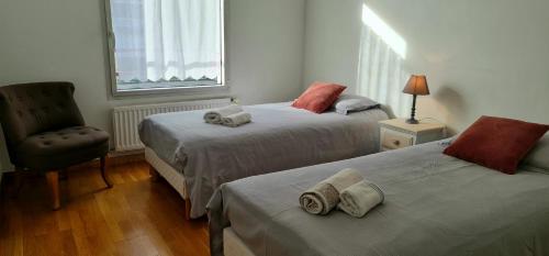 薩朗士的住宿－Appartement CITY CENTER-SALLANCHES，一间卧室设有两张床、一把椅子和一个窗户。