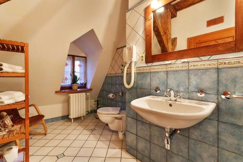 a bathroom with a sink and a toilet at Penzion U Kriveho psa in Frýdek-Místek