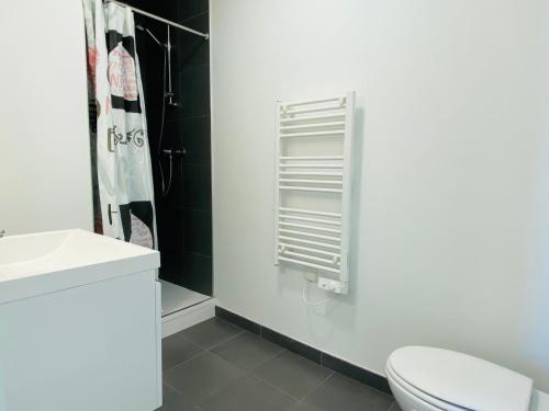 a bathroom with a white toilet and a shower at LE CAPUCIN in Rodez