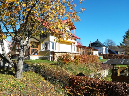 ein Haus auf einem Hügel mit einem Baum im Vordergrund in der Unterkunft Apartments Pernink 341 in Pernink