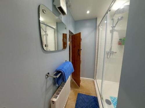ein Bad mit einer Dusche und einem Spiegel in der Unterkunft Rose Cottage, 2 Bedroom Cottage with character, near Southwold in Wrentham