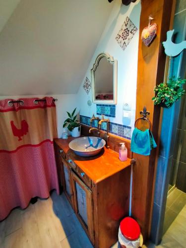 ein Badezimmer mit einem hölzernen Waschbecken und einem Spiegel in der Unterkunft Chambres d'hôtes chez sandrine in Rhinau
