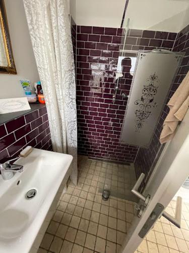 a small bathroom with a sink and a shower at Schwedenliebe in Frechen