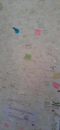 a piece of paper with writing on a wall at Hostel Mamas & Papas in Gdańsk