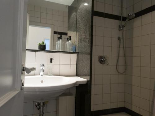 een badkamer met een wastafel en een douche bij Penthouse in Villa am Wasser + Parken + WLAN + Netflix +Kamin in Wildau