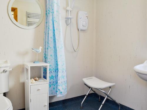 a bathroom with a shower curtain and a chair at Woodhouse Cottage in Hawarden