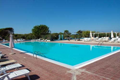 una grande piscina blu con sedie e ombrelloni di Camping Village S'Ena Arrubia ad Arborea