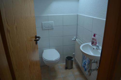 a bathroom with a toilet and a sink at Ferienwohnung Rißblick in Winterstettenstadt
