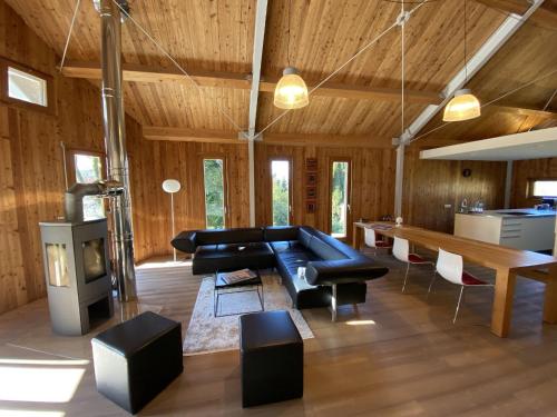 a living room with a black couch and a fireplace at Ferienhaus Sonnenchalet in Bodman-Ludwigshafen