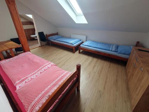 Habitación con 2 camas y tragaluz. en Hrusická restaurace a penzion, en Hrusice