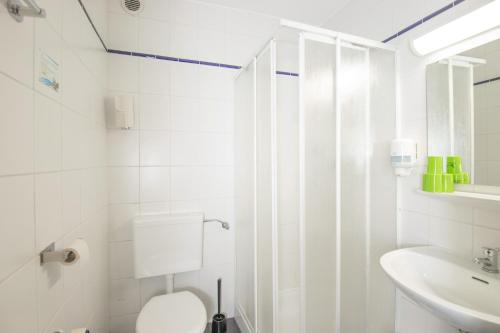 a white bathroom with a toilet and a sink at Hotel garni Zwickau-Mosel in Mülsen