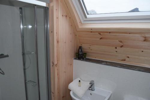 a bathroom with a toilet and a shower and a sink at Oakwood Luxury Glamping 