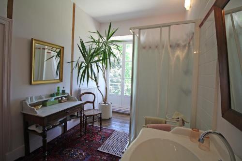 een badkamer met een bad, een wastafel en een douche bij Masbareau, Demeure de Charme, B&B in Royères-Saint-Léonard