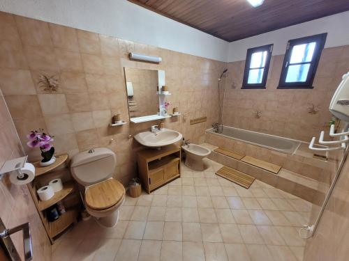 La salle de bains est pourvue d'un lavabo, de toilettes et d'une baignoire. dans l'établissement Adorable Maison en plein cœur du village., à Bouc-Bel-Air