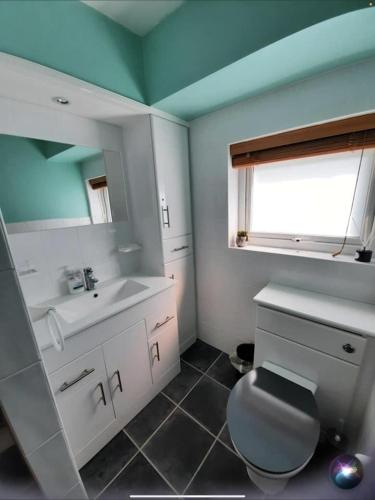 a bathroom with a sink and a toilet and a mirror at SNOWDONIA COTTAGE Glan Gwna Holiday Park in Caernarfon