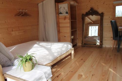 a bedroom with a large bed and a mirror at Chambre élégante dans chalet SDB partagée à proximité in Chavagne