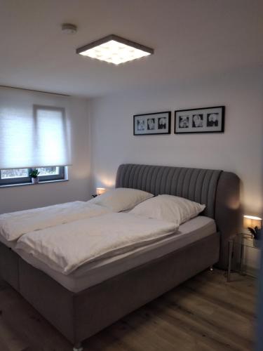 1 cama grande en un dormitorio con 2 lámparas en Ferienwohnung Trunk, en Roschbach
