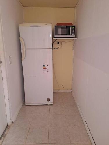 Il comprend une petite cuisine équipée d'un réfrigérateur blanc et d'un four micro-ondes. dans l'établissement Ana y Pali, à Ushuaia