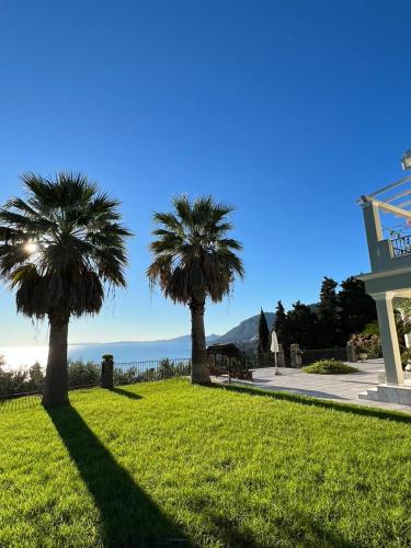 two palm trees in the grass near a building at Villa Grosse Sea and Mountains View in Gastouri