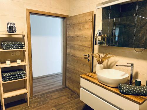 baño con lavabo en la encimera y puerta en Apartment Country House Zaton en Tišina