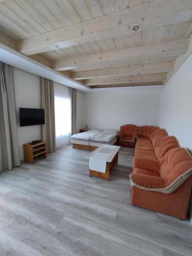 un ampio soggiorno con divano e TV di Ubytovanie pre Vás a Poprad