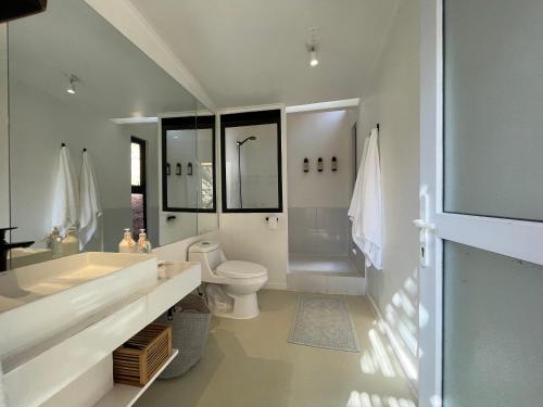 uma casa de banho com uma banheira, um WC e um lavatório. em Glaciar de Roca Lofts em Horcon