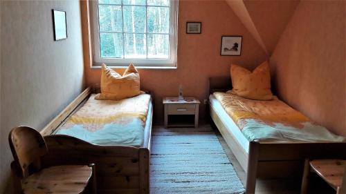 two beds in a small room with a window at Ferienwohnung-Sonnenparadies-Wandlitz in Wandlitz