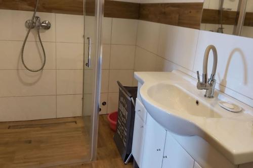 uma casa de banho com um lavatório e um chuveiro em Urokliwy drewniany dom z widokiem na Tatry em Tokarnia
