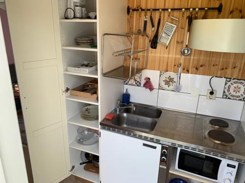 a small kitchen with a sink and a shelf at Sätofta Hed in Höör