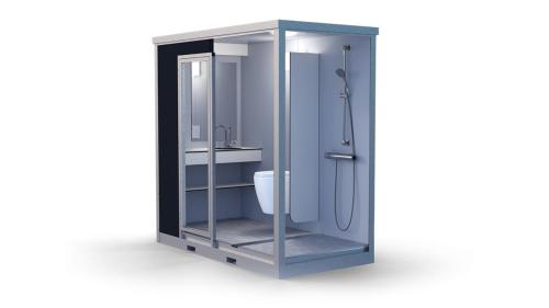Hoogte Huisje Schotland في Swalmen: كشك للاستحمام مع مرحاض على خلفية بيضاء