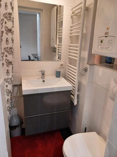 une petite salle de bain avec un lavabo et des toilettes dans l'établissement Studio à Nice avec piscine, à Nice