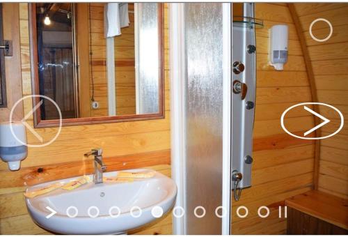 two pictures of a bathroom with a sink and a shower at El Mirador de la Mancha in Villarrubia de los Ojos