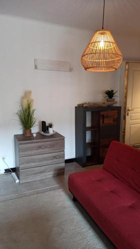 a living room with a red couch and a dresser at Vogué meublé 2 étoiles, Un Cocon pour 2 in Vogüé