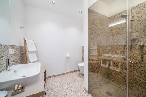 een badkamer met een douche, een wastafel en een toilet bij Domus Faber 3 in Merano