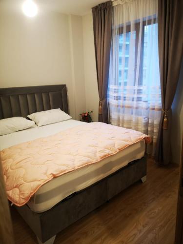 a bedroom with a bed and a window with curtains at AlexHome lux apartment 27 free parking in Bucharest