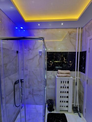 ein Badezimmer mit Dusche mit Glastür in der Unterkunft AT Mirror in Voždivac