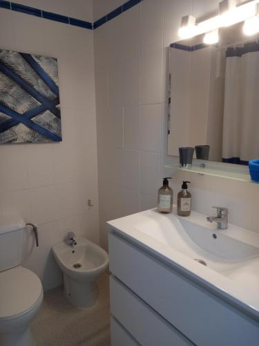 La salle de bains blanche est pourvue de toilettes et d'un lavabo. dans l'établissement Las Islas Apartment, à Corralejo