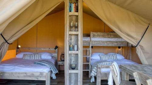 two beds in a room with a tent at Camping L'Etang D'Ardy *** in Saint-Paul-lès-Dax