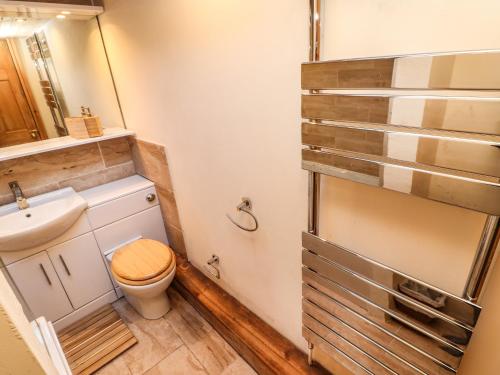 a small bathroom with a toilet and a sink at Sunny Cottage in Darlington