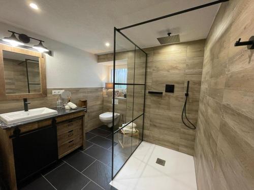 a bathroom with a shower and a toilet and a sink at Villa Pauline - FeWo "Champagne" in Bad Sooden-Allendorf