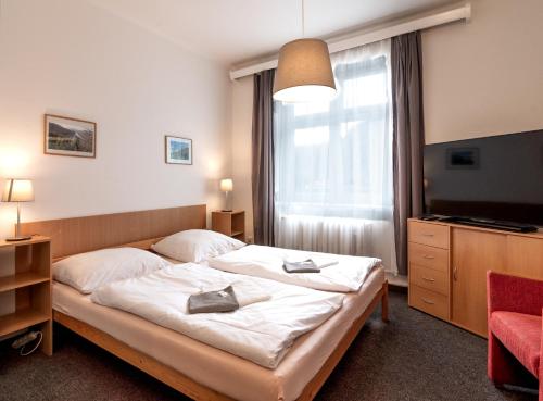ein Hotelzimmer mit einem Bett und einem TV in der Unterkunft Hotel U Berounky in Srbsko