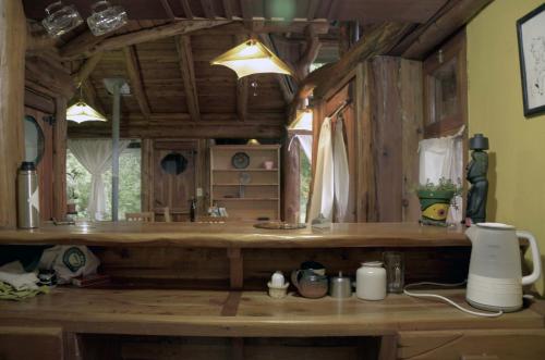 a kitchen with a counter top in a cabin at Cabaña Las Tejas in El Bolsón