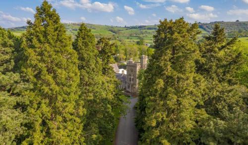uma vista superior de uma estrada entre árvores em Mellington Hall Country House Hotel em Church Stoke
