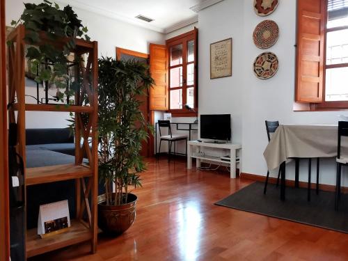 salon z kanapą, stołem i telewizorem w obiekcie Apartamento El Rincón de Sancha w mieście Toledo