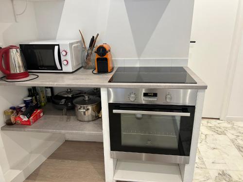 une cuisine avec une cuisinière et un micro-ondes dans l'établissement Nice la Belle, city centre 1 bed, 2 terrace, quiet, à Nice
