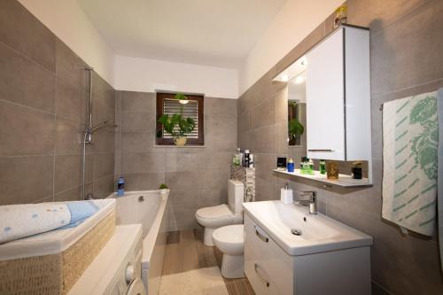 a bathroom with a sink and a toilet and a bath tub at Apartman Elvis in Lovran