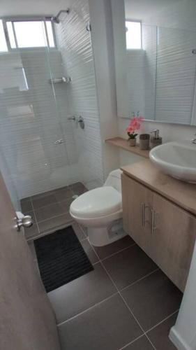 a bathroom with a toilet and a sink at Hermoso Apartamento Ricaurte Peñazul La Morada. in Ricaurte